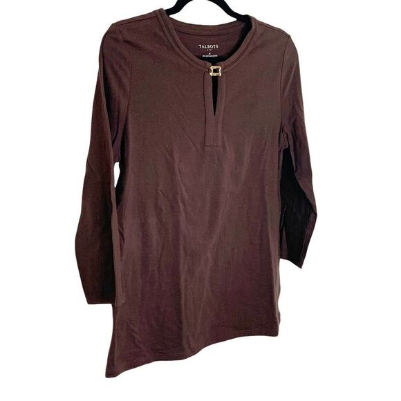 Talbots Women’s Long Sleeve Brown Shirt with Keyhole Gold Metal Size M - Picture 2 of 5
